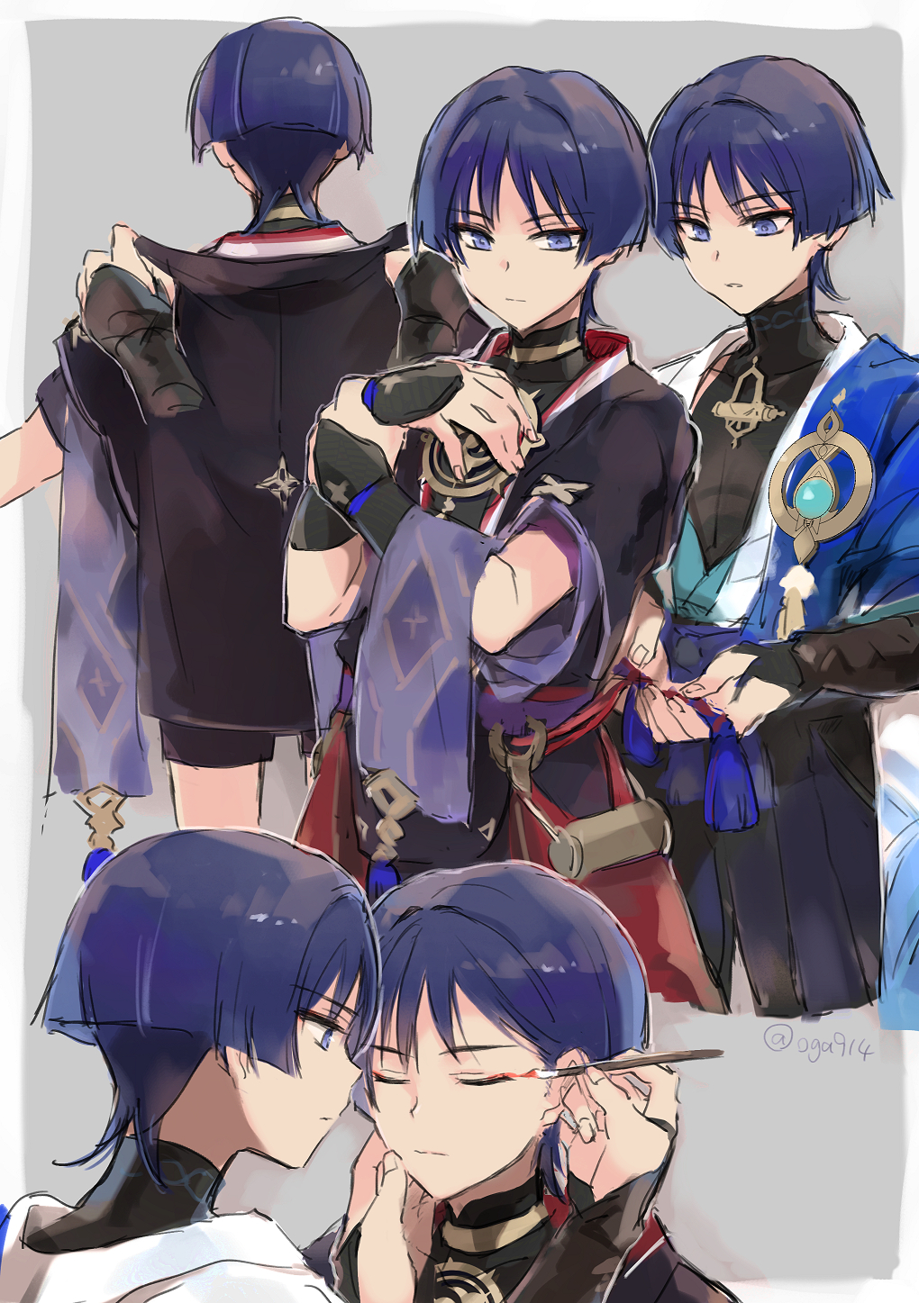 2boys, aqua_gemstone, aqua_kimono, armor, black_bodysuit, black_hair, black_kimono, black_shorts