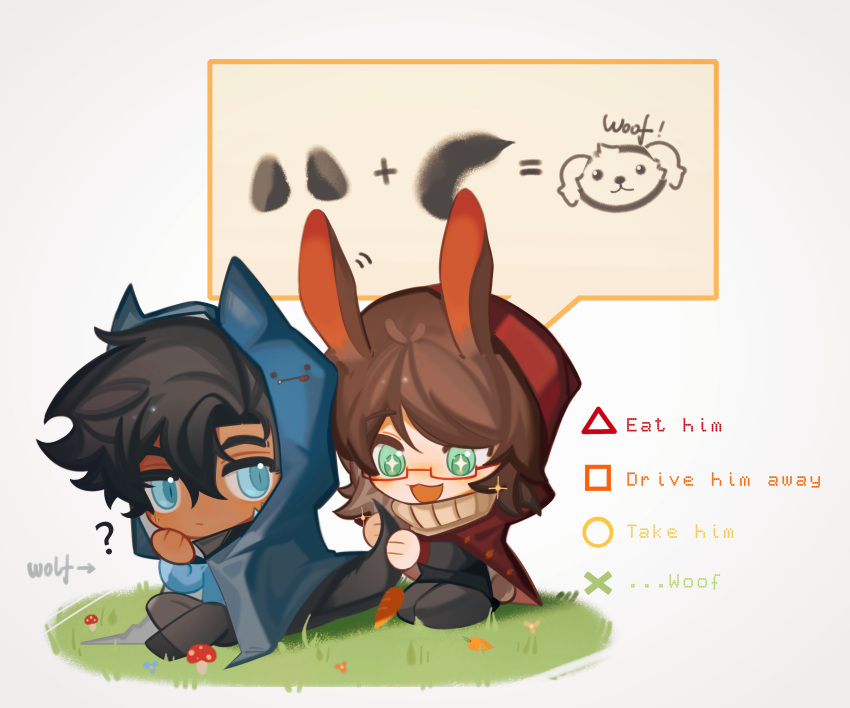 2boys, ?, absurdres, animal_ears, animification, badboyhalo, black_hair, blue_eyes