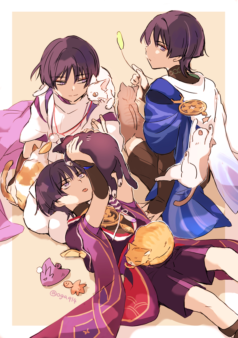3boys, angelfish, animal, animal_on_lap, animal_on_shoulder, arm_at_side, arm_support, armor