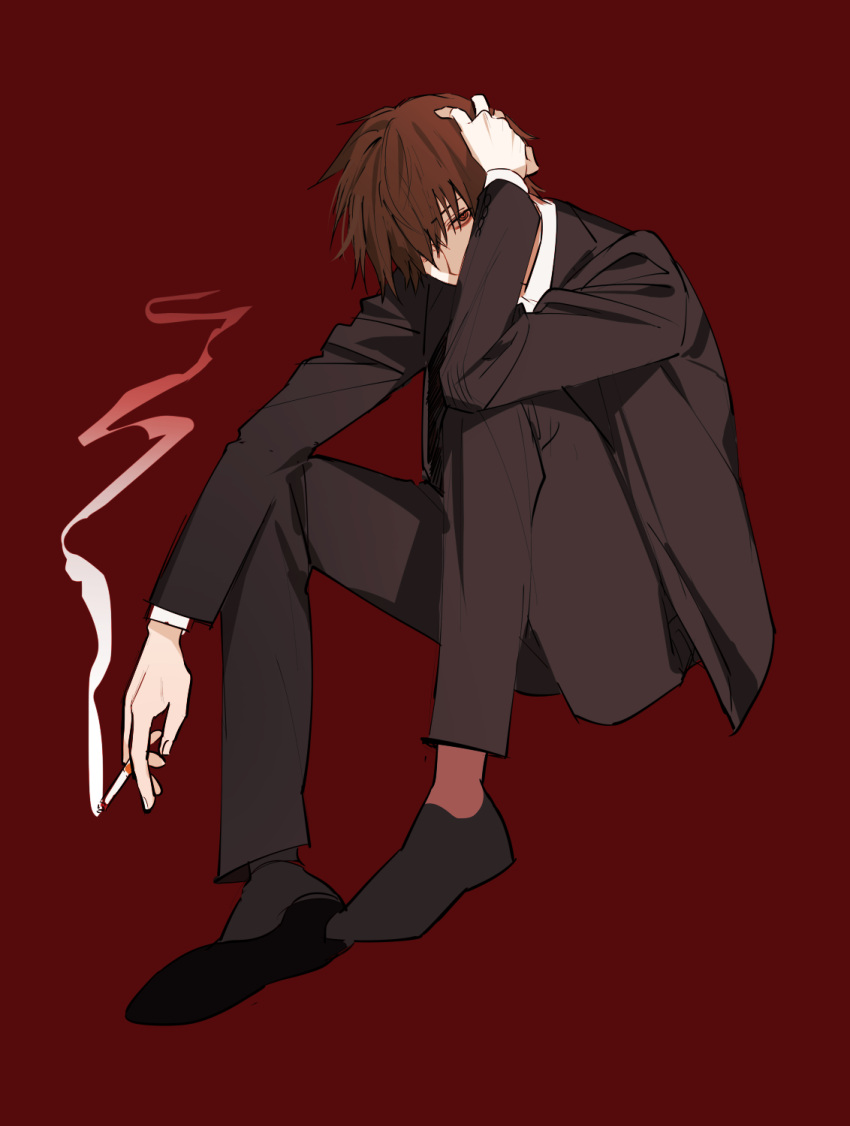 1103sns, 1boy, between_fingers, black_footwear, black_jacket, black_pants, black_suit, brown_hair