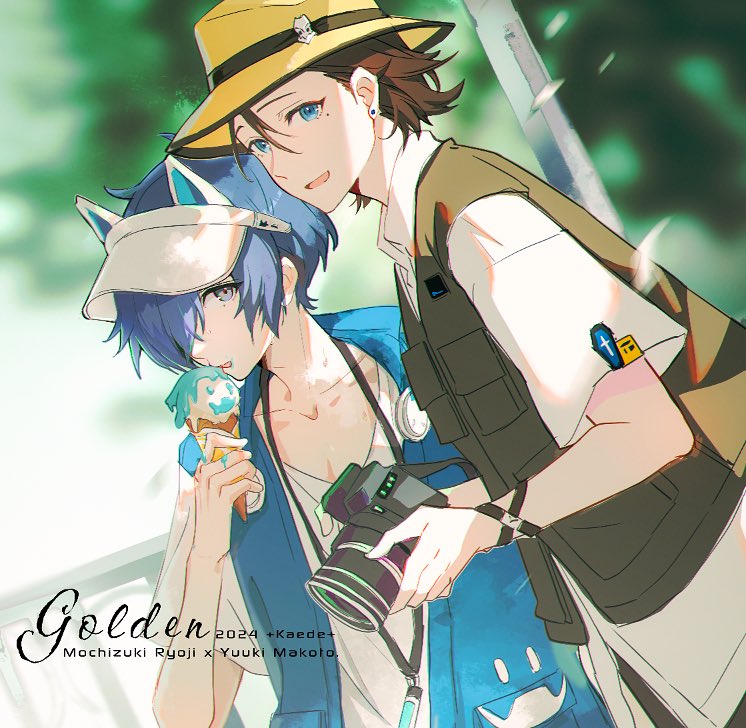 2024, 2boys, animal_ear_headwear, animal_ears, arm_up, black_hair, blue_eyes, blue_hair