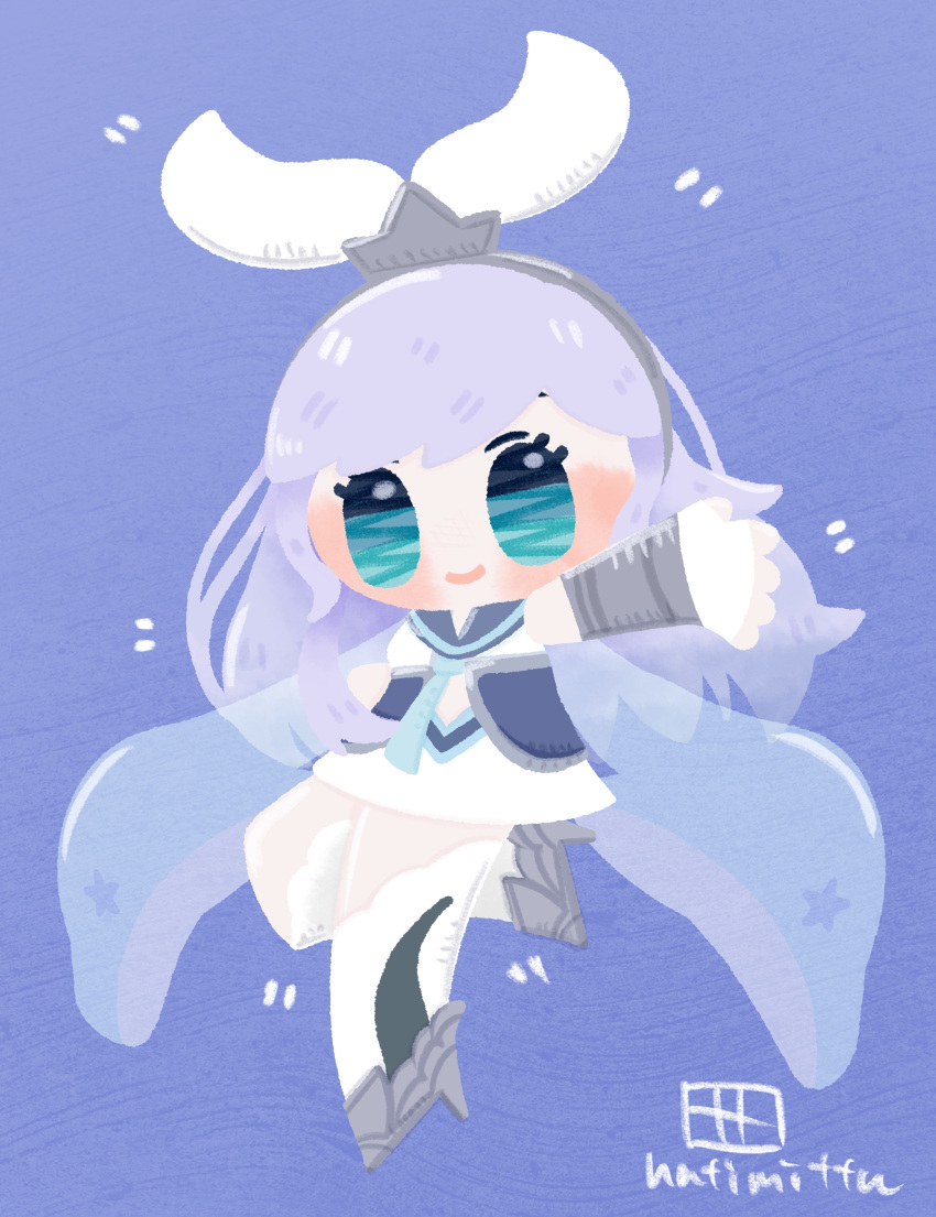 888hatimittu, absurdres, aqua_eyes, armor, armored_boots, blue_background, blue_necktie, blue_sailor_collar, boots, chibi, delphinus_yukino_(saint_seiya:_rising_cosmo), fingerless_gloves, full_body, gloves, highres, long_hair, metal_hairband, midriff, necktie, purple_hair, sailor_collar, saint_seiya, saint_seiya:_rising_cosmo, signature, smile, socks, white_gloves, white_socks
