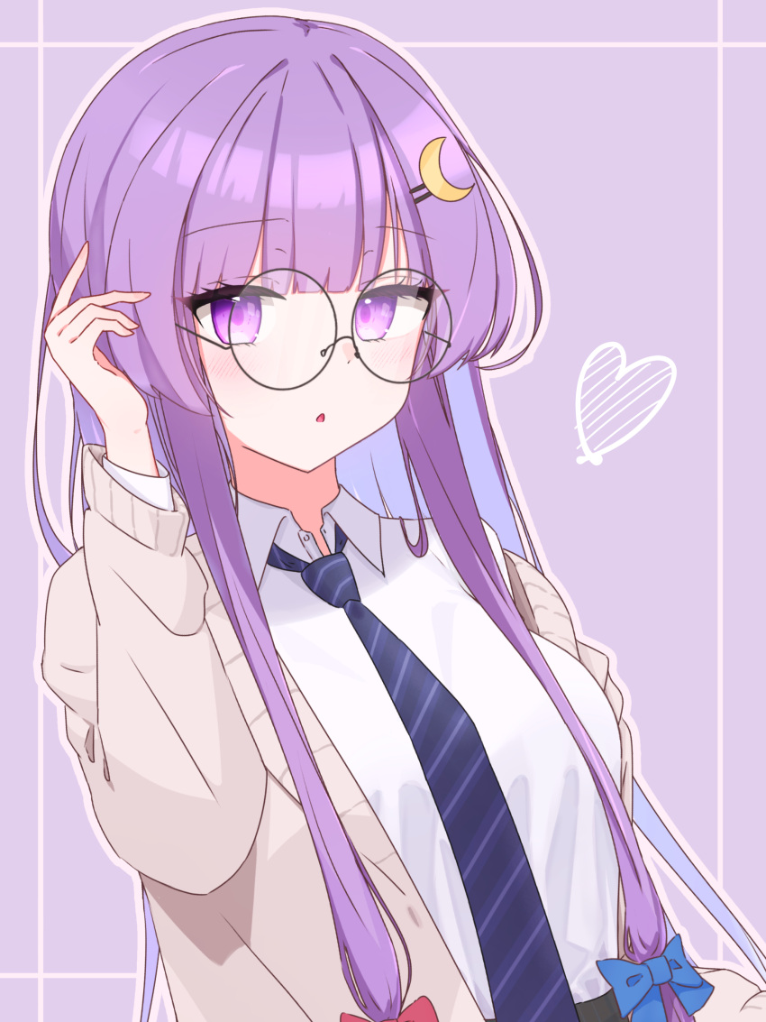 :o, absurdres, bespectacled, black-framed_eyewear, blue_bow, blue_necktie, blunt_bangs, bow