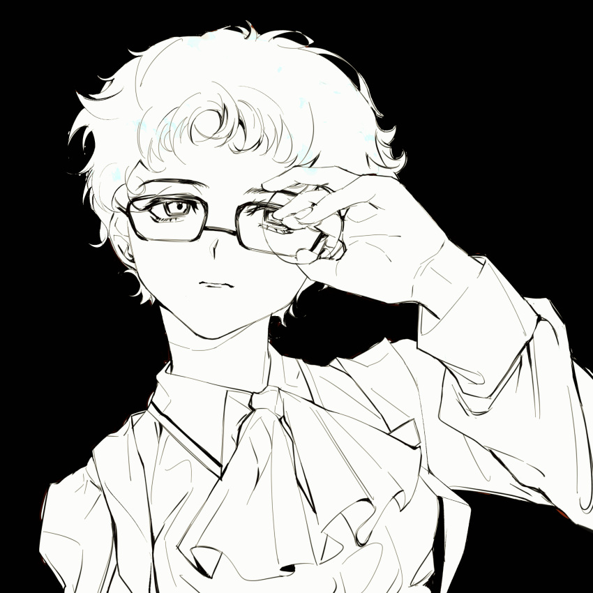 1girl, closed_mouth, collared_shirt, expressionless, glasses, greyscale, highres, holding, huangmen33ji, light_frown, long_sleeves, looking_at_viewer, meguro_miyuki, monochrome, neck_ribbon, pixie_cut, ribbon, sayonara_wo_oshiete, school_uniform, shirt, short_hair, simple_background, solo, upper_body, very_short_hair