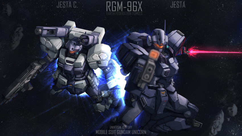 absurdres, aiming, aiming_at_viewer, assault_visor, asteroid, beam_cannon, beam_rifle, beam_saber