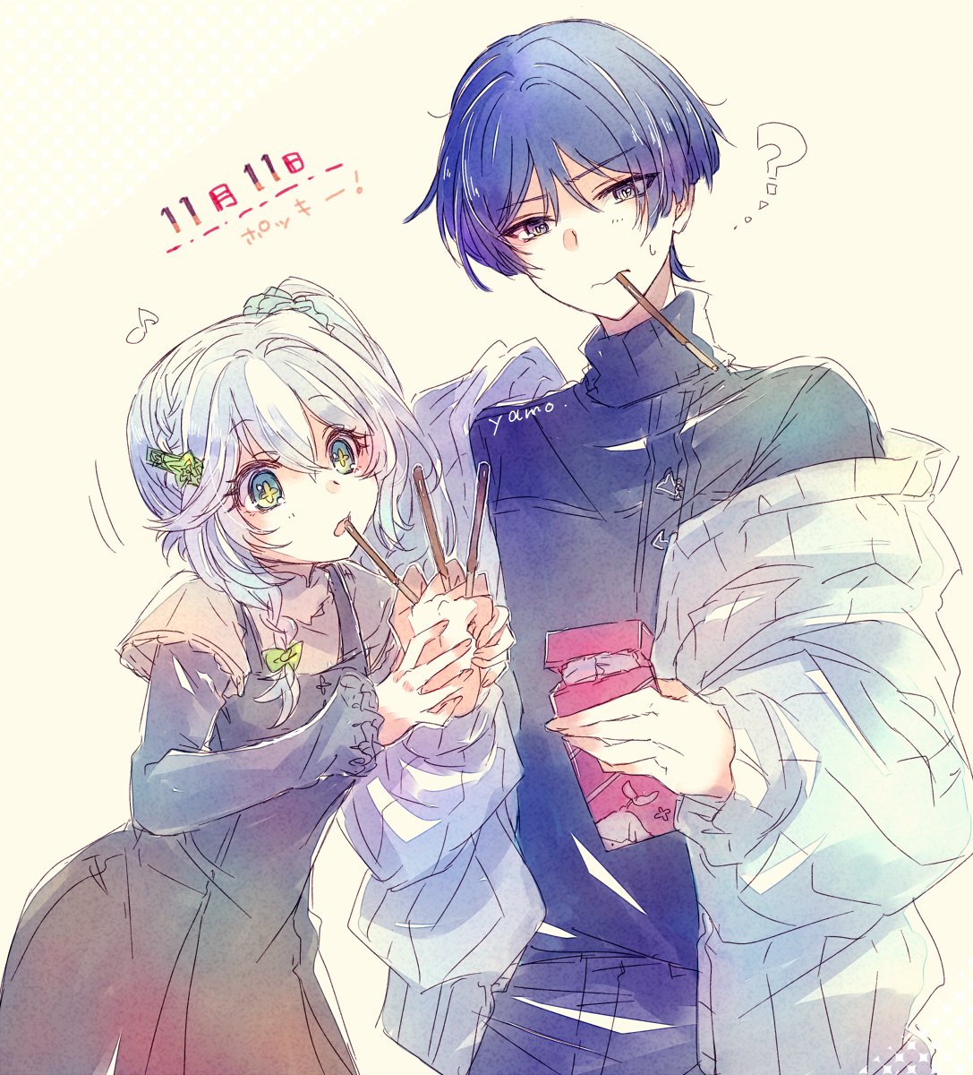 1boy, 1girl, ?, alternate_costume, aranara_(genshin_impact), artist_name, black_shirt, black_skirt