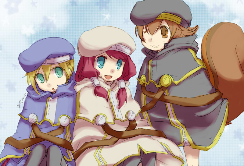 beret, blazblue, blonde_hair, blue_eyes, brown_eyes, brown_hair, green_eyes, hat, long_hair, makoto_nanaya, noel_vermillion, red_hair, redhead, short_hair, smile, tail, thighhighs, tsubaki_yayoi, wink, yamo