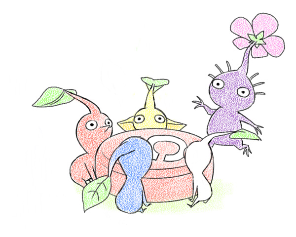 black_eyes, blue_pikmin, blue_skin, colored_skin, creature_focus, flower, from_behind, heavy