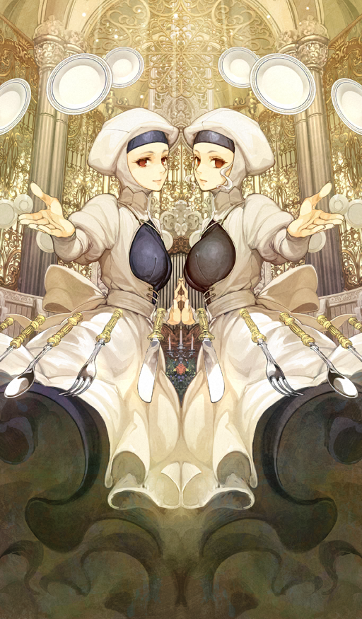 2girls, black_hairband, black_shirt, blue_hairband, blue_shirt, bonnet, bow, breasts