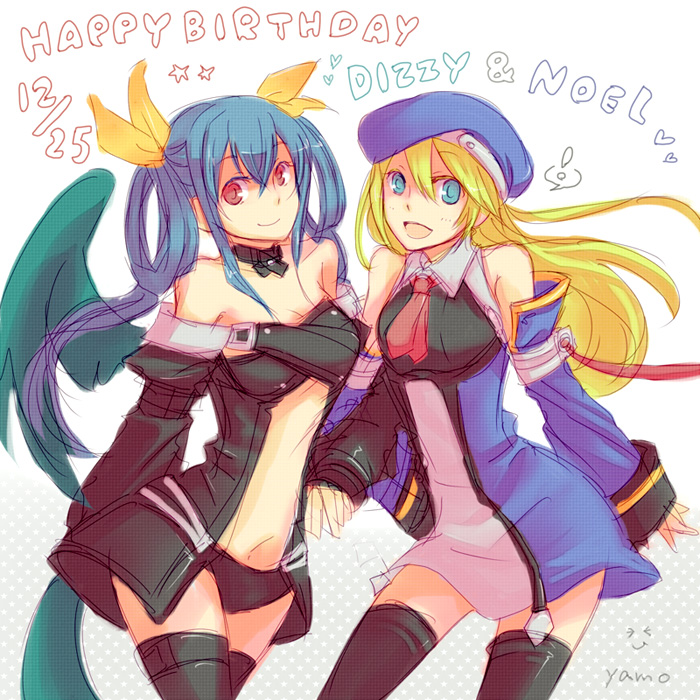 bad_id, beret, blazblue, blonde_hair, blue_hair, crossover, dizzy, green_eyes, guilty_gear, happy_birthday, hat, het, long_hair, noel_vermillion, red_eyes, thighhighs, wings, yamo