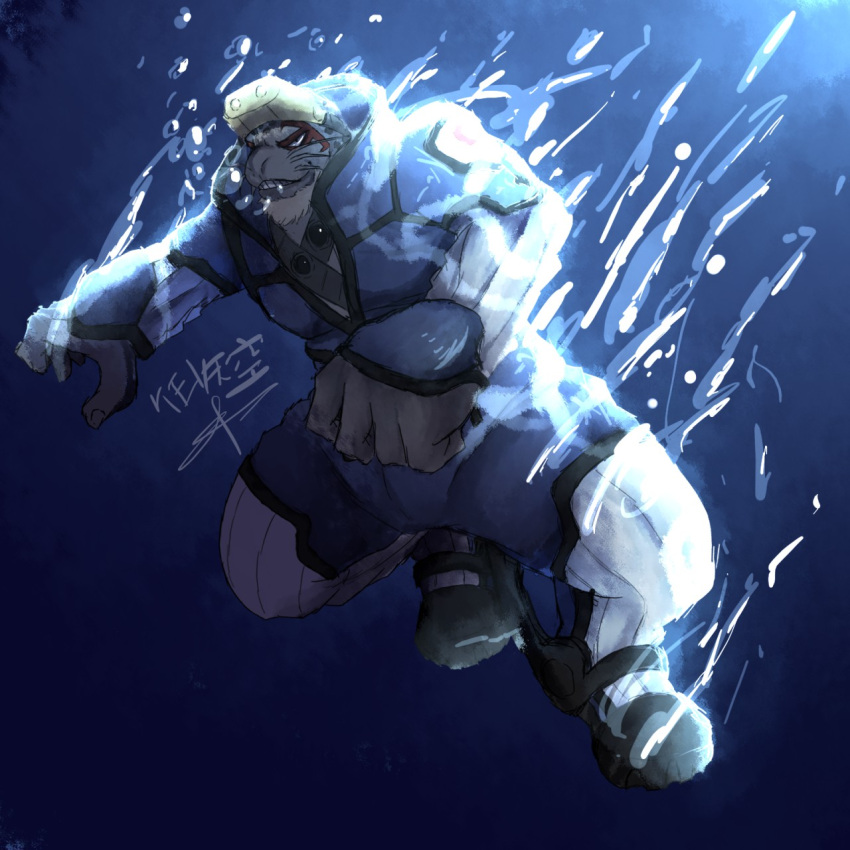 1boy, artist_name, beard, blue_bodysuit, bodysuit, boku_no_hero_academia, bubble, colored_skin, diving_suit, english_commentary, facial_hair, facial_mark, furry, furry_male, goggles, goggles_on_head, grey_skin, grin, highres, kevsky-draws, looking_at_viewer, male_focus, seal_boy, selkie_(boku_no_hero_academia), signature, sinking, smile, spotted_fur, strap, underwater, whiskers