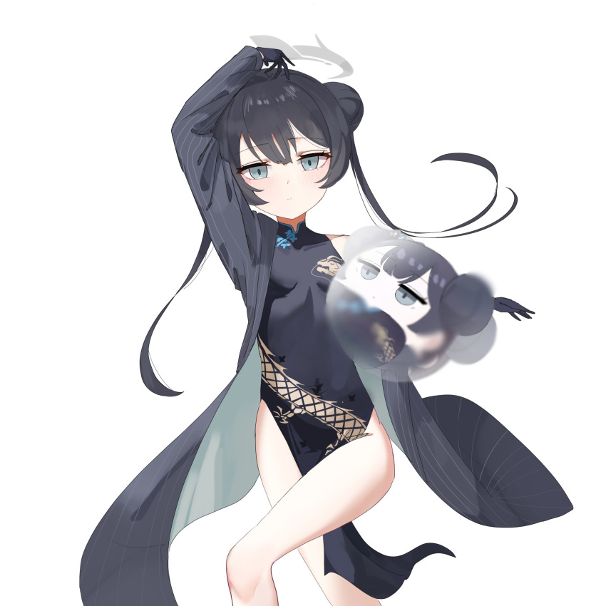 1girl, black_dress, black_gloves, black_hair, blue_archive, blush, breasts, butterfly_hair_ornament