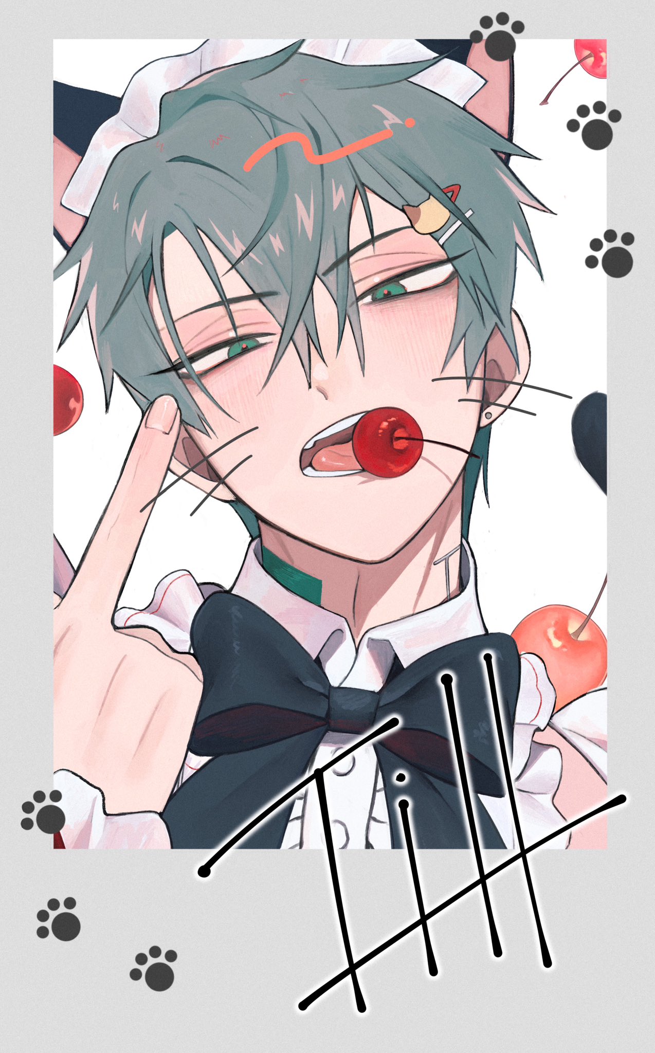 1boy, 4tsuba_kuma, alien_stage, animal_ears, black_bow, black_bowtie, border, bow