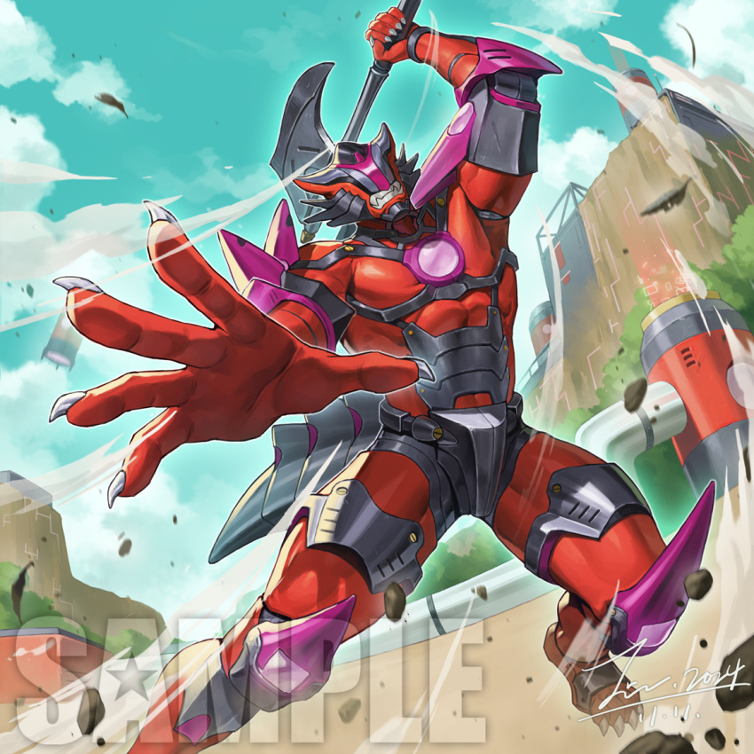 1boy, abs, arm_up, attack_trail, axe, chopping, clenched_teeth, clouds