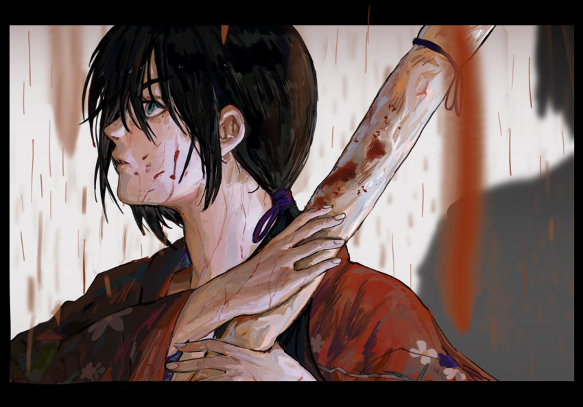 2boys, ashashio, bishounen, black_hair, blood, blood_on_clothes, blood_on_face, blurry