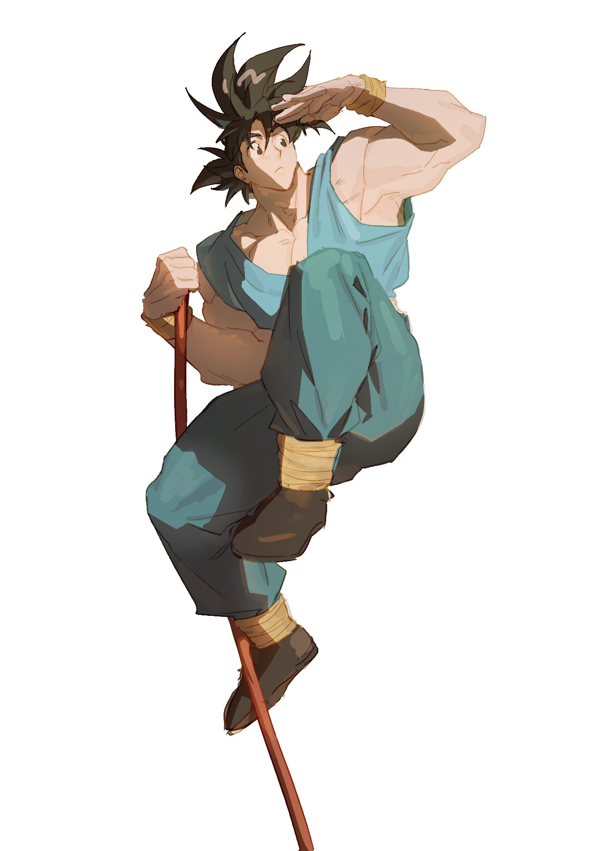 1boy, aqua_pants, black_eyes, black_hair, closed_mouth, dougi, dragon_ball, dragon_ball_z