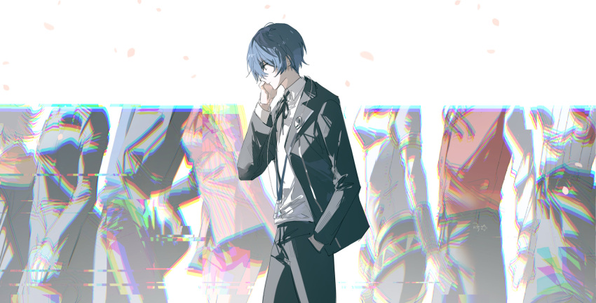 4boys, 4girls, aegis_(persona), amada_ken, arm_at_side, ascot, bare_legs, black_bow