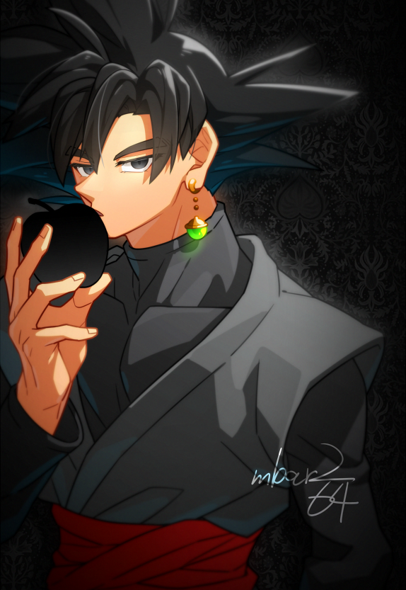 1boy, apple, biting, black_dougi, black_eyes, black_hair, commentary_request, covered_pectorals