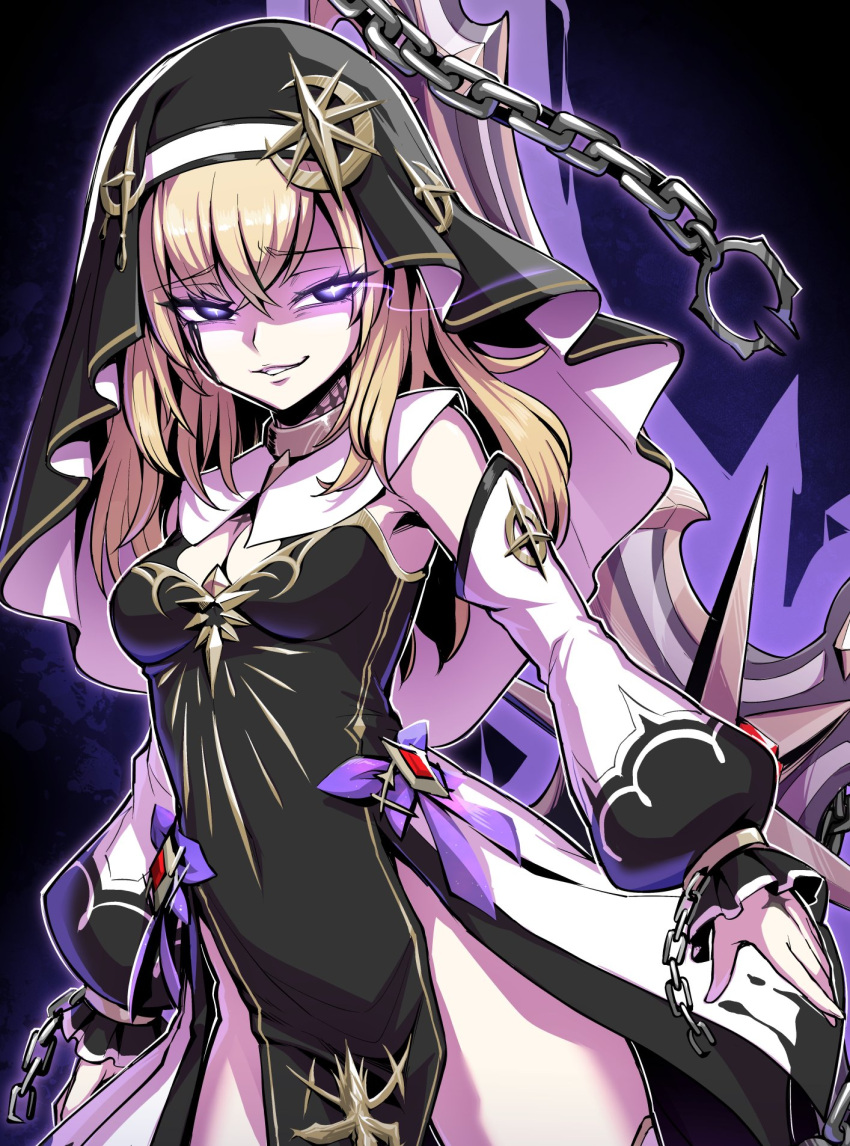 1girl, black_dress, black_tears, black_veil, blonde_hair, breasts, broken, broken_chain