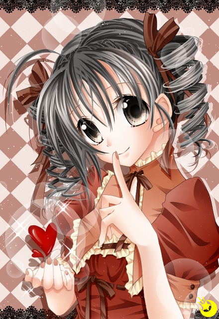 black_eyes, black_hair, checkered, checkered_background, doily, drill_hair, finger_to_mouth, full_moon_wo_sagashite