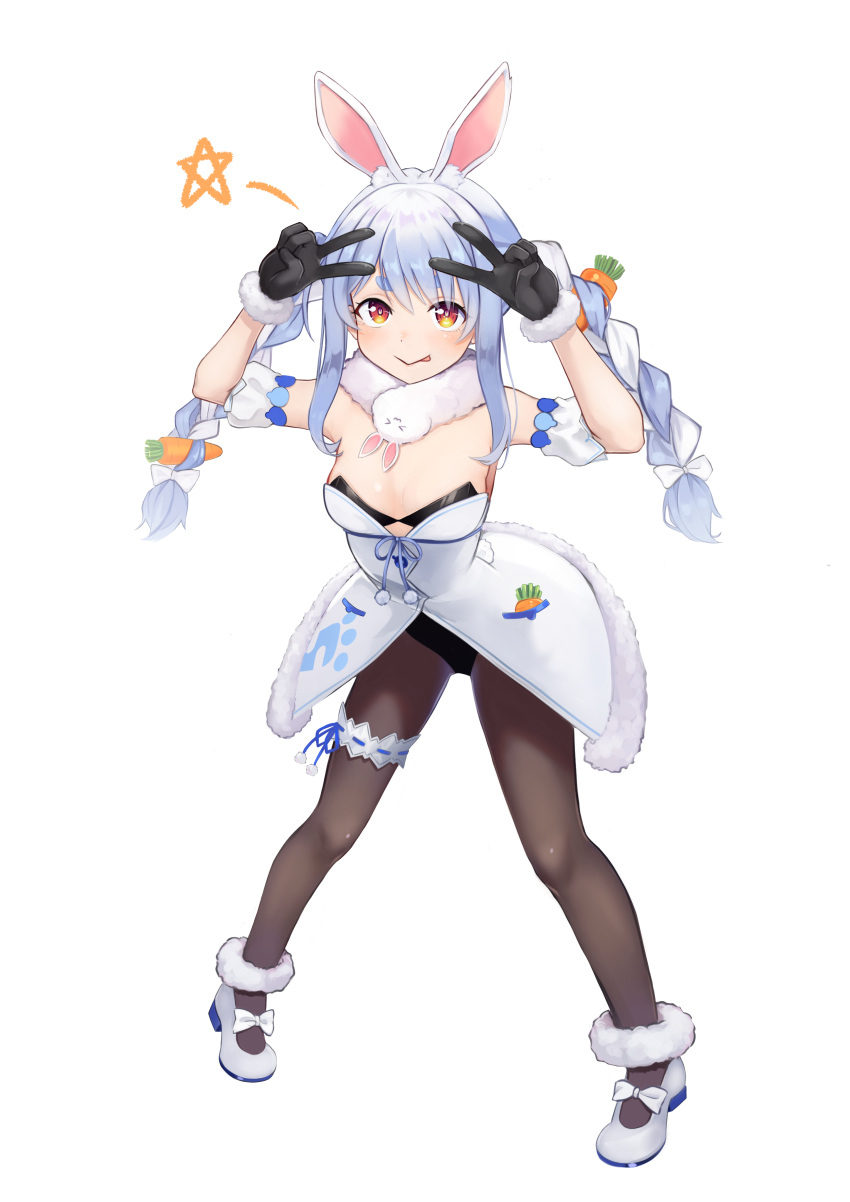 1girl, :p, absurdres, animal_ear_fluff, animal_ears, ankle_garter, black_gloves, blue_hair