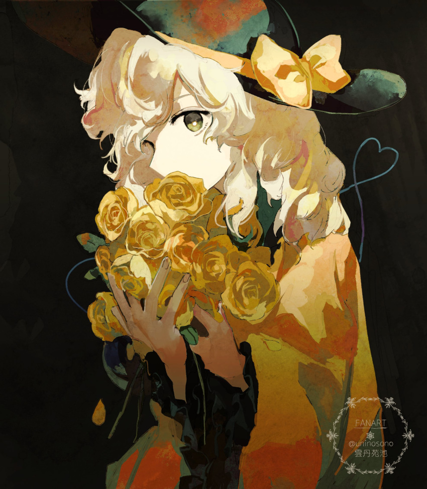 1girl, black_background, black_hat, blouse, bouquet, bow, collared_shirt, commentary