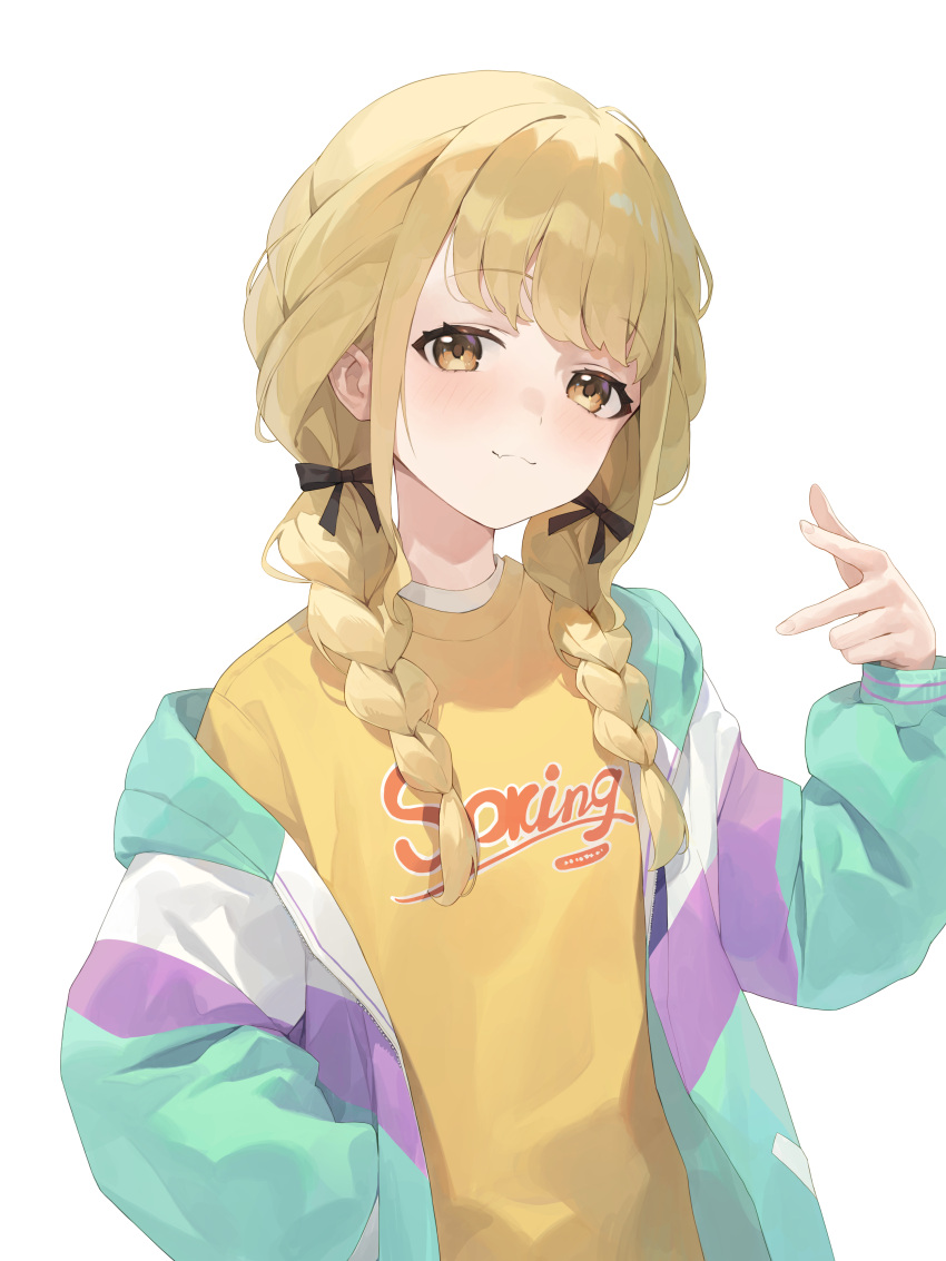 1girl, absurdres, aqua_jacket, black_bow, blonde_hair, blush, bow, braid
