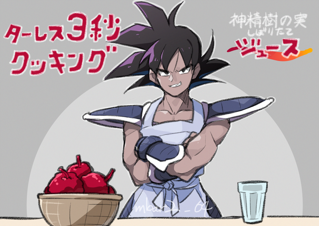 1boy, apron, black_eyes, black_hair, blue_apron, bowl, commentary_request, cooking_show