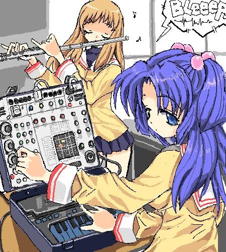 2girls, black_skirt, black_undershirt, blue_eyes, breasts, brown_hair, clannad, closed_eyes