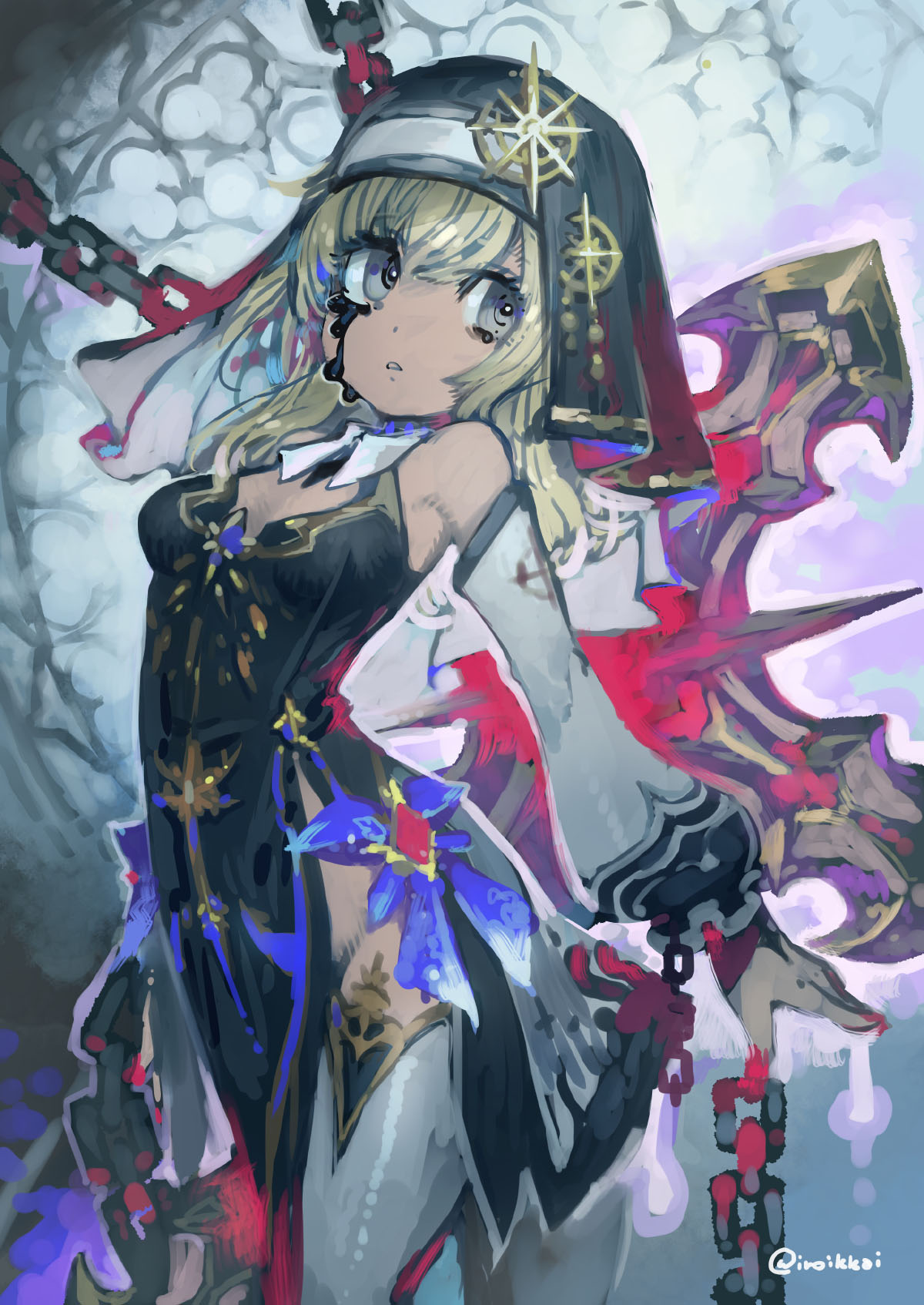 1girl, black_dress, black_tears, black_veil, blonde_hair, breasts, celestine_(letmebid), chain