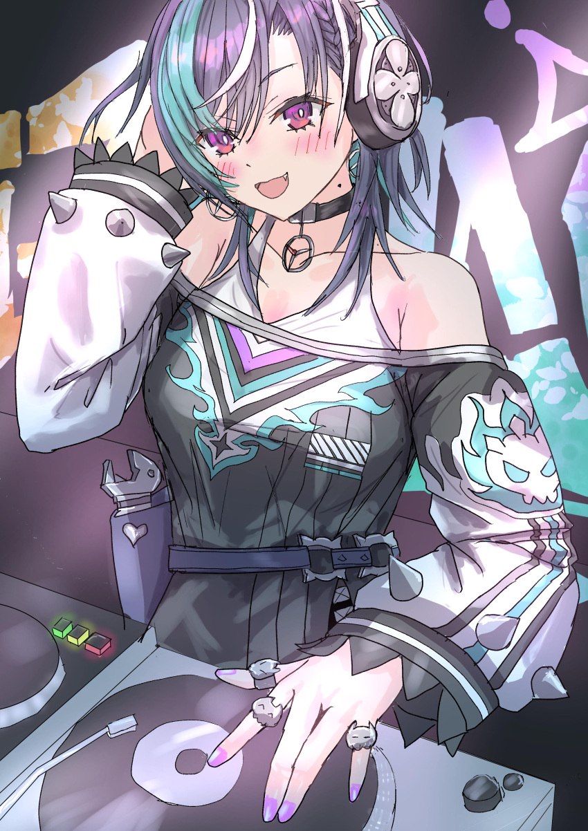 1girl, absurdres, aqua_hair, black_choker, black_dress, black_hair, blush, choker