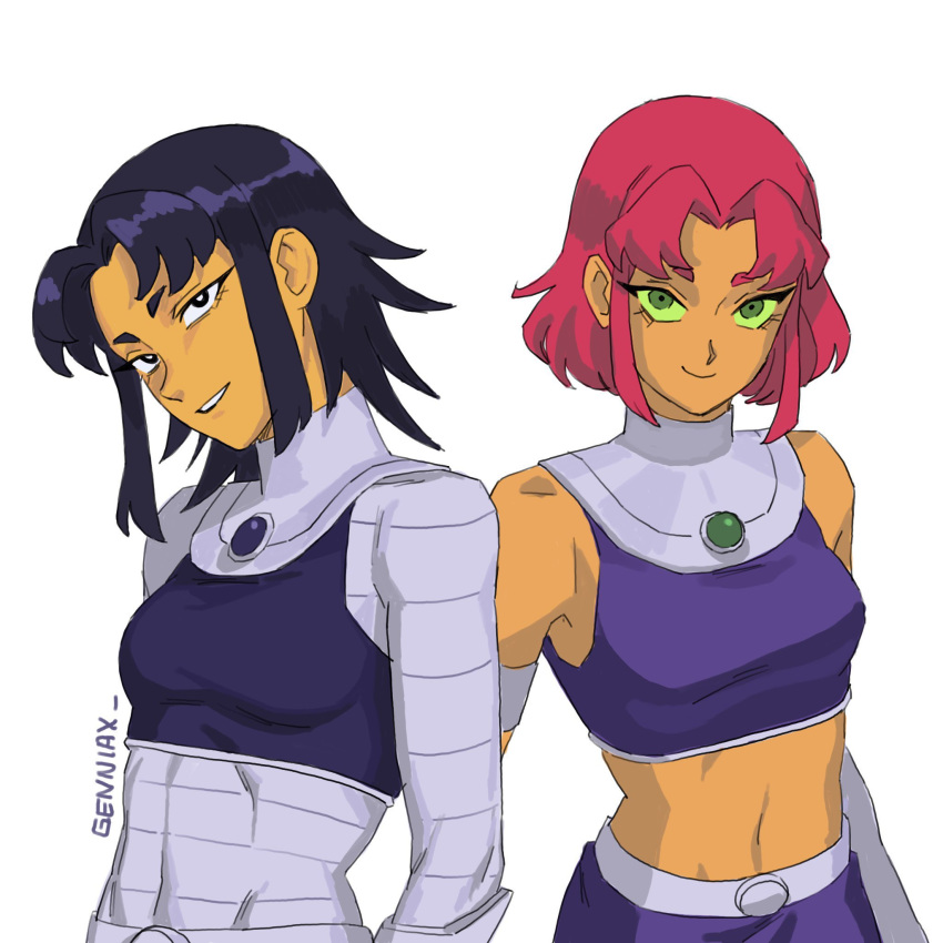 2girls, artist_name, black_hair, blackfire, colored_sclera, colored_skin, crop_top, dc_comics, genniax, green_eyes, green_sclera, highres, looking_at_viewer, midriff, multiple_girls, orange_skin, pink_hair, purple_shirt, shirt, short_hair, siblings, simple_background, sisters, sleeveless, sleeveless_shirt, starfire, teen_titans, upper_body, white_background