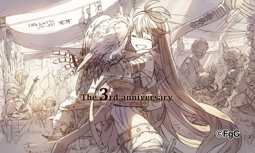 ahoge, almira_(ta_ga_tame_no_alchemist), anniversary, artist_name, bird, character_request, child, cowboy_shot