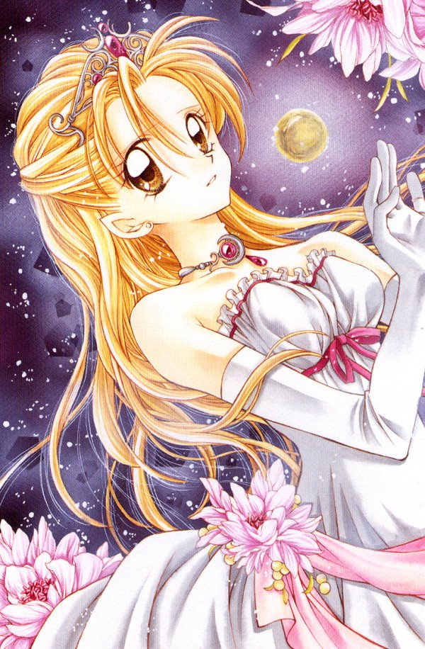 blonde_hair, brown_eyes, crown, dress, elbow_gloves, flower, full_moon, gloves, jewelry, moon, necklace, night, official_art, pointy_ears, princess, solo, suomi_kyoko, suomi_kyouko, tanemura_arina, time_stranger_kyoko, traditional_media, white_dress
