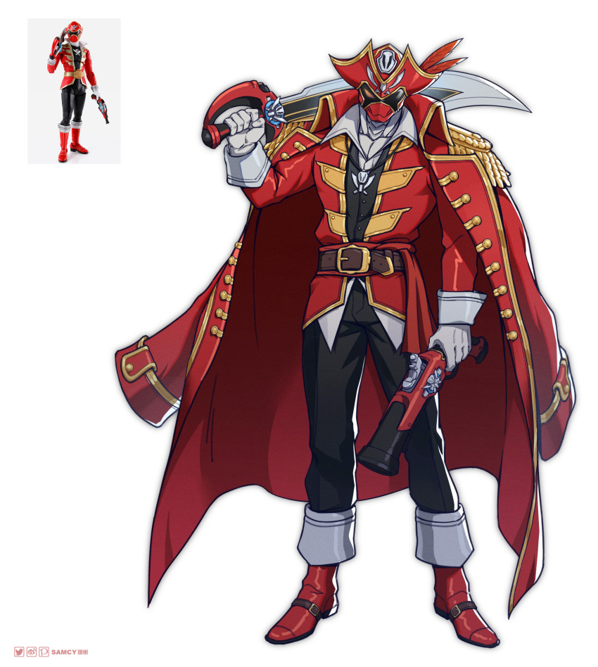 1boy, absurdres, adapted_costume, alternate_costume, belt, boots, coat, coat_on_shoulders, commentary_request, cutlass, feathered_helmet, full_body, gloves, glowing, glowing_eye, gokai_red, gun, helmet, highres, holding, holding_gun, holding_sword, holding_weapon, jewelry, kaizoku_sentai_gokaiger, looking_at_viewer, necklace, patreon_logo, photo_inset, pirate, red_coat, reference_inset, skull_and_crossbones, solo, super_sentai, sword, tokusatsu, tongzhen_ganfan, twitter_logo, weapon, weibo_logo, white_background, white_gloves