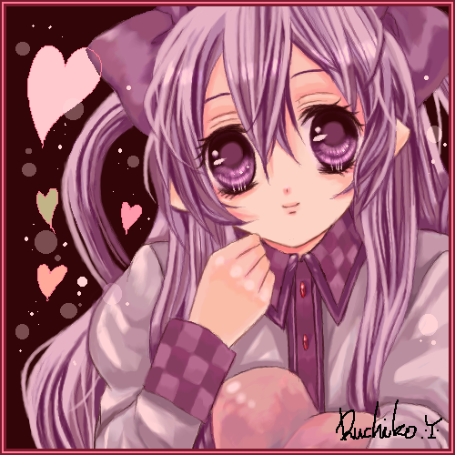 adult, alternate_eye_color, alternate_hair_color, artist_name, border, bow, checkered, chokola