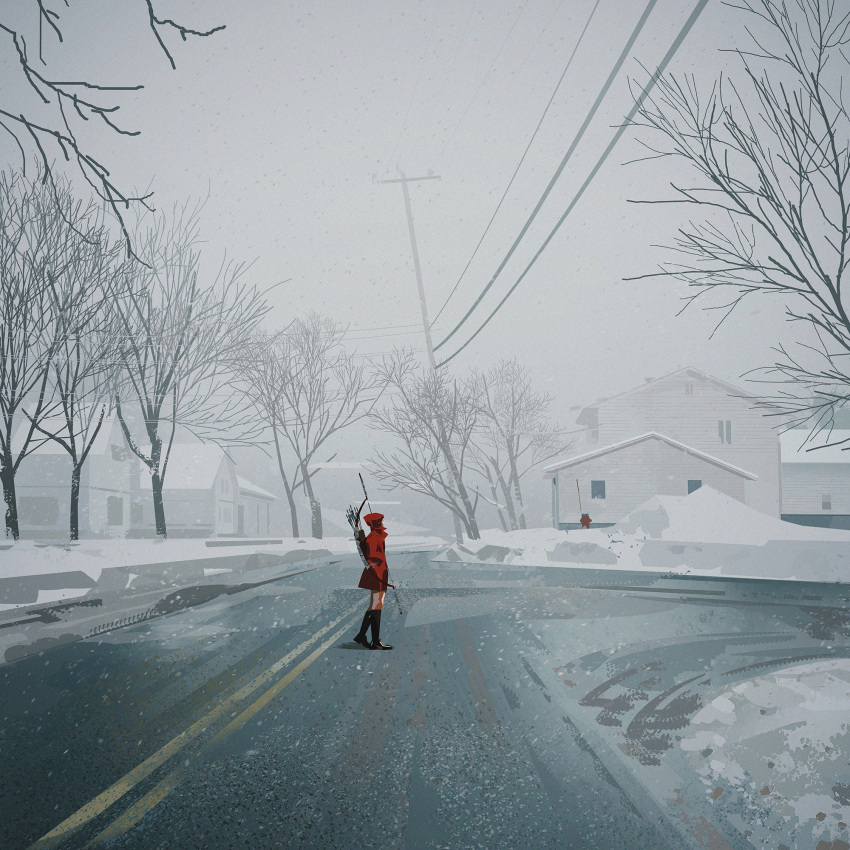 1girl, bare_tree, black_footwear, boots, building, cloak, coat, day