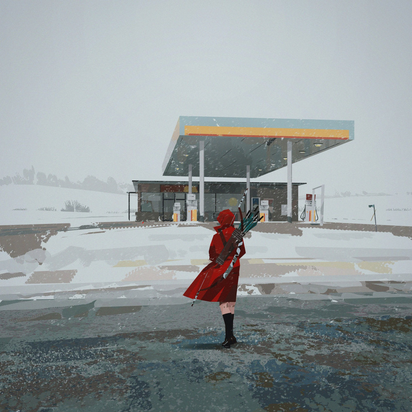 1girl, black_footwear, blizzard, boots, cloak, coat, commentary, english_commentary