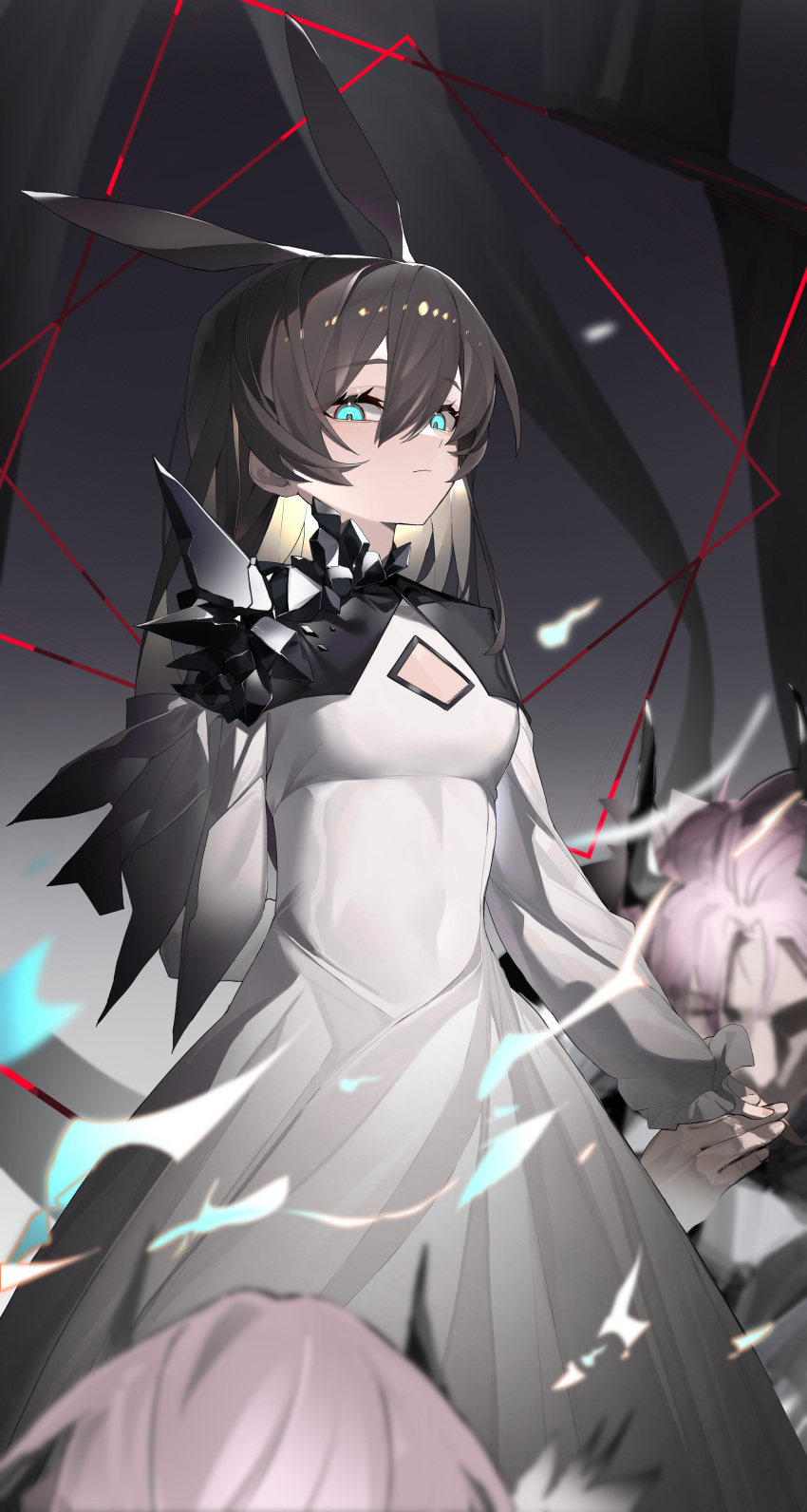 1girl, 2others, absurdres, amiya_(arknights), animal_ears, arknights, blue_eyes, breasts