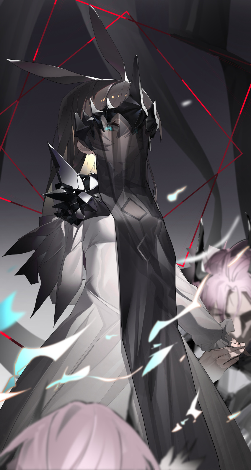 1girl, 2others, absurdres, amiya_(arknights), animal_ears, arknights, blue_eyes, breasts