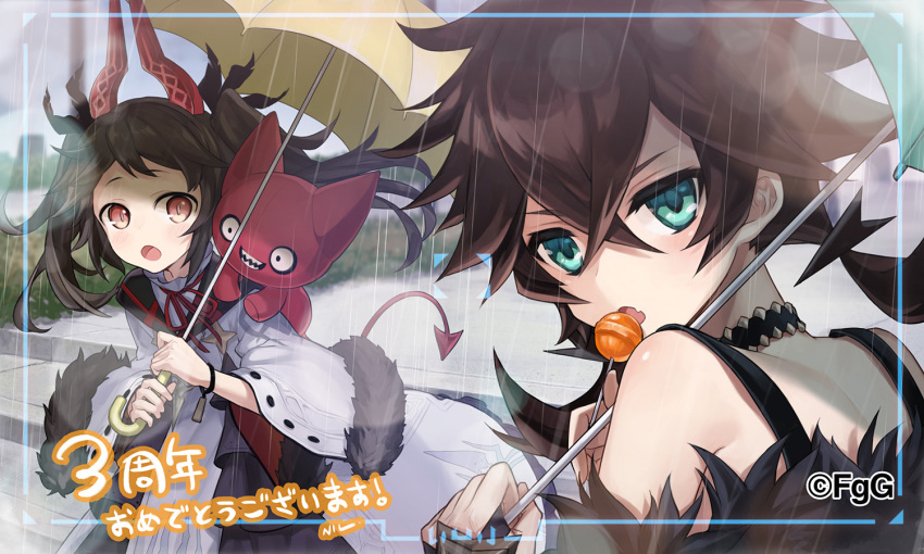 2girls, :o, anniversary, artist_name, black_choker, blue_eyes, brown_hair, candy