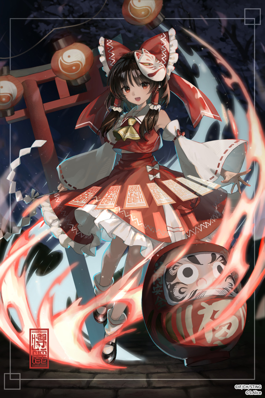 1girl, ascot, bow, brown_eyes, brown_hair, colorized, commentary_request, daruma_doll, detached_sleeves, fox_mask, frilled_bow, frilled_hair_tubes, frills, gohei, grilled_ell, hair_bow, hair_tubes, hakurei_reimu, highres, holding, holding_gohei, inset_border, lantern, long_hair, looking_at_viewer, mask, mask_on_head, ofuda, open_mouth, paper_lantern, red_bow, red_skirt, ribbon-trimmed_sleeves, ribbon_trim, skirt, skirt_set, smile, solo, third-party_edit, torii, touhou, touhou_spell_carnival, yellow_ascot, yin_yang