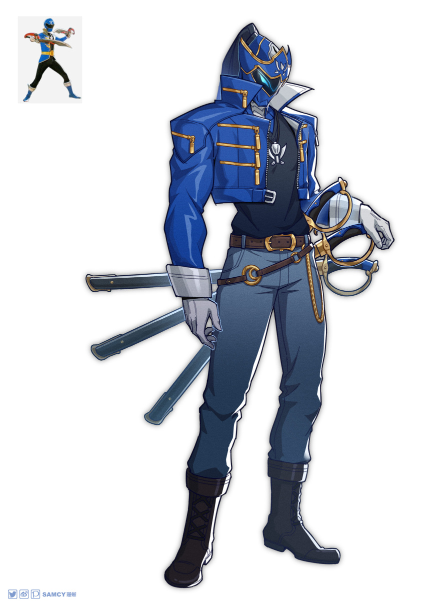 1boy, absurdres, adapted_costume, alternate_costume, artist_name, belt, blue_jacket, boots