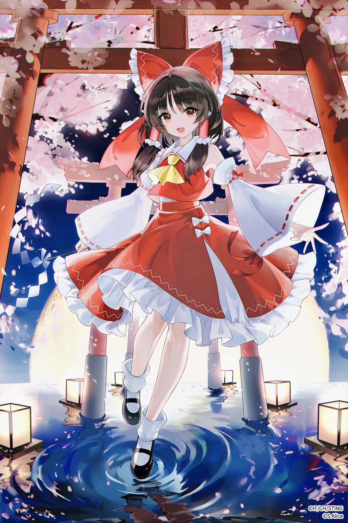 1girl, ascot, bow, brown_eyes, brown_hair, cherry_blossoms, colorized, commentary_request, detached_sleeves, frilled_bow, frilled_hair_tubes, frills, hair_bow, hair_tubes, hakurei_reimu, highres, long_hair, looking_at_viewer, multiple_torii, nurimas, open_mouth, red_bow, red_skirt, ribbon-trimmed_sleeves, ribbon_trim, ripples, ritora, skirt, skirt_set, smile, solo, third-party_edit, torii, touhou, touhou_spell_carnival, water, yellow_ascot