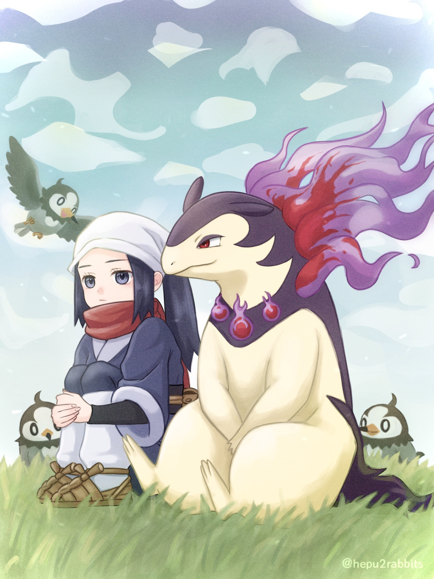 1girl, akari_(pokemon), bird, black_hair, black_shirt, brown_footwear, closed_mouth, commentary_request