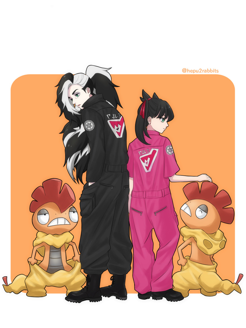 1boy, 1girl, alternate_costume, black_footwear, black_hair, boots, border, brother_and_sister