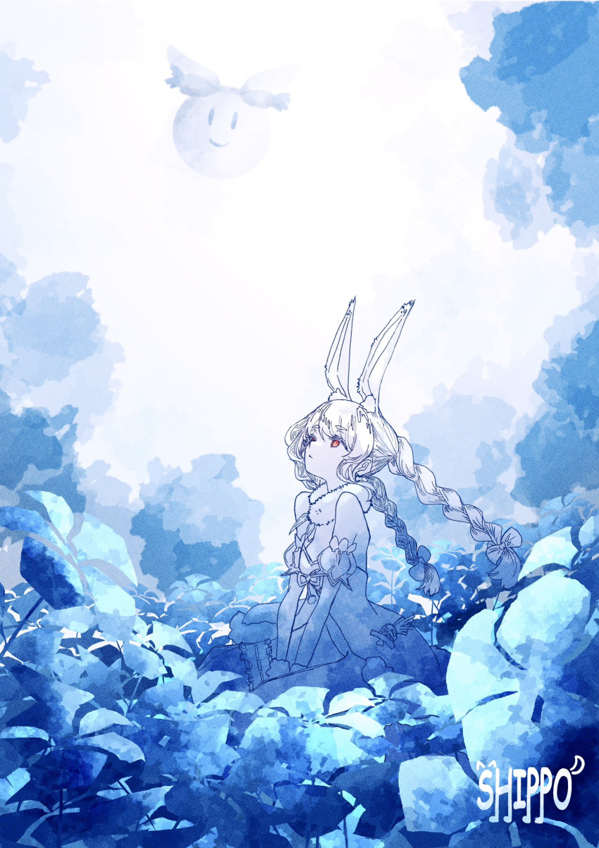 1girl, animal_ears, artist_name, blue_flower, braid, bridal_garter, carrot_in_pocket, detached_sleeves