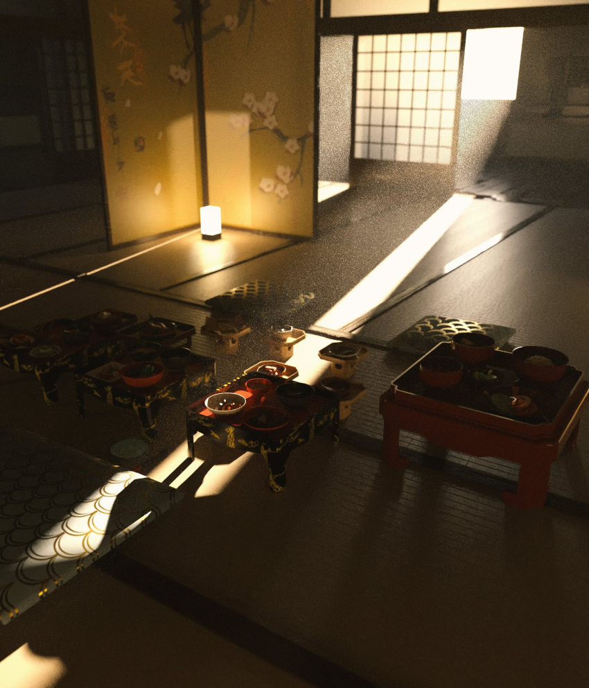 architecture, blue_eye_samurai, bowl, commentary, cushion, east_asian_architecture, english_commentary, folding_screen, highres, indoors, lamp, light_particles, no_humans, object_request, scenery, shadow, shouji, sliding_doors, sunlight, table, tagme, tatami, yun_ling, zabuton