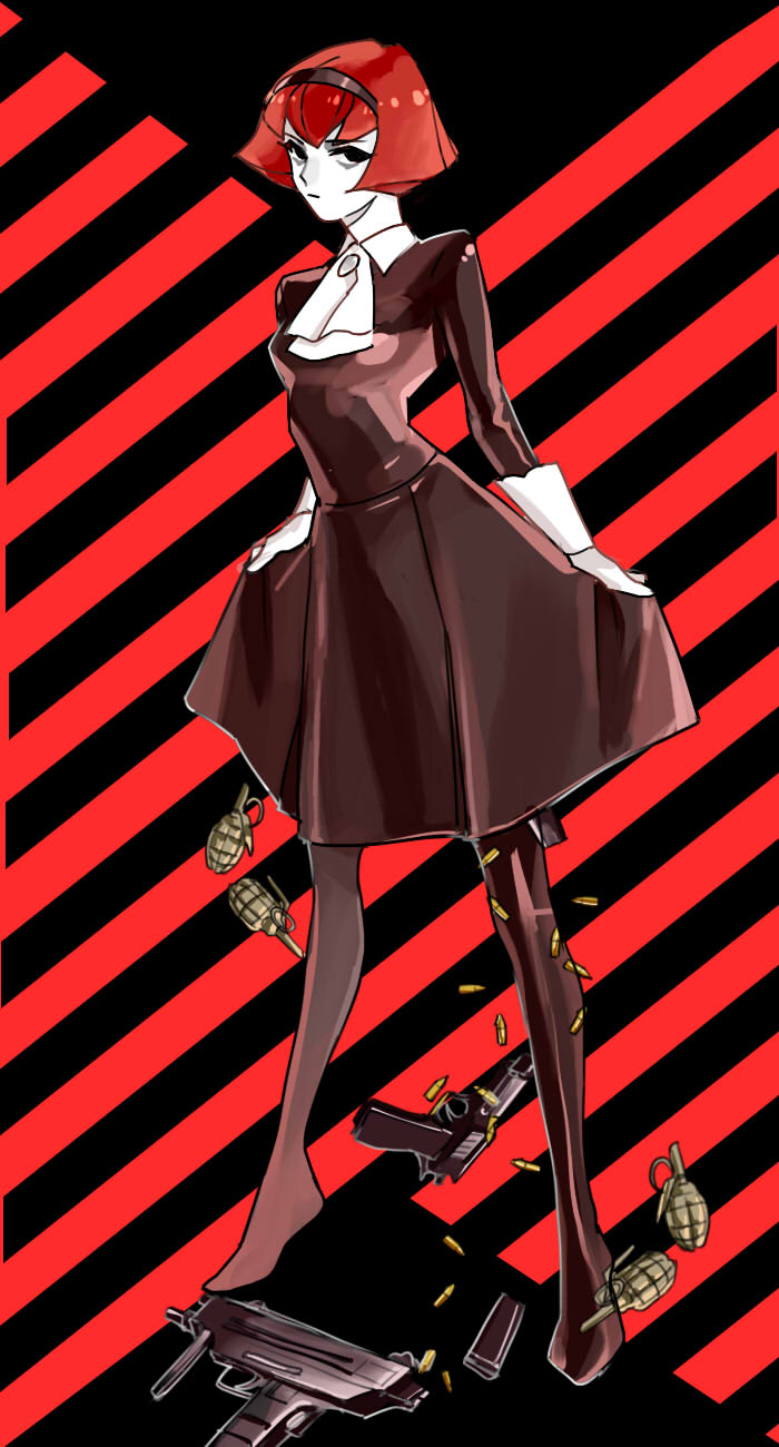 1girl, ascot, black_dress, black_hairband, black_pantyhose, bullet, closed_mouth, clothes_lift
