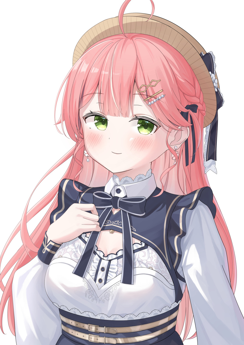 1girl, absurdres, ahoge, belt, black_overskirt, blush, braid, breasts